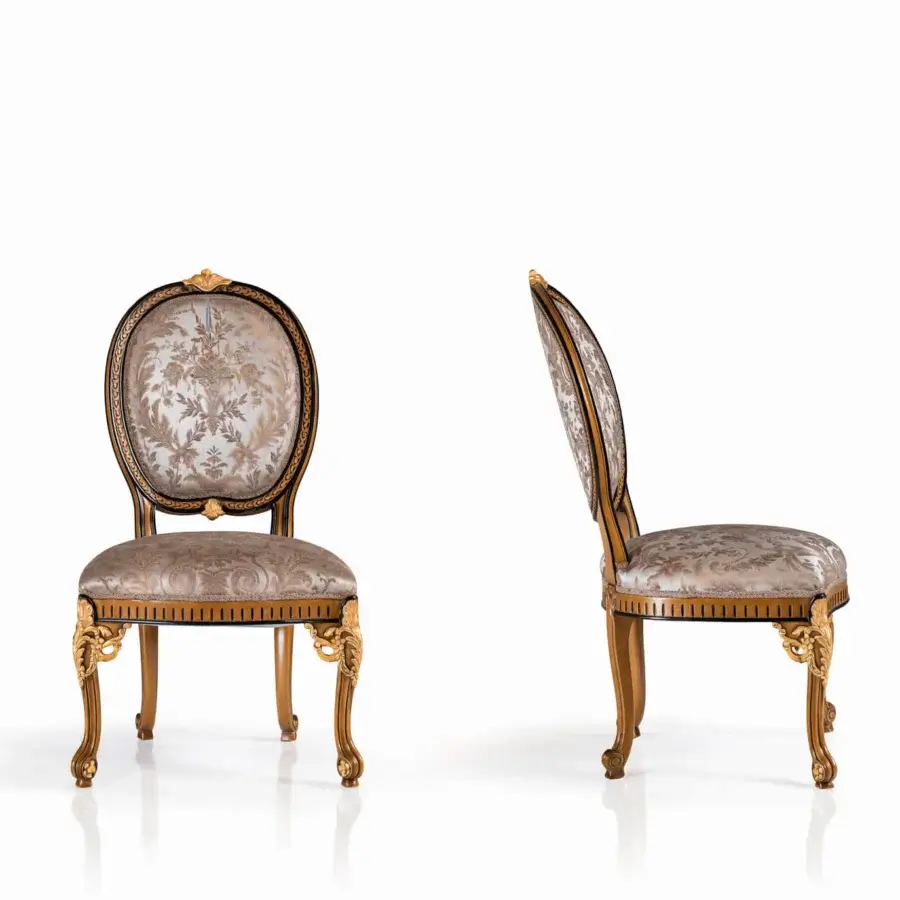 Exquisite Armando Rho 1205 chair handcrafted in walnut-tone with gold leaf accents and patterned beige brown upholstery