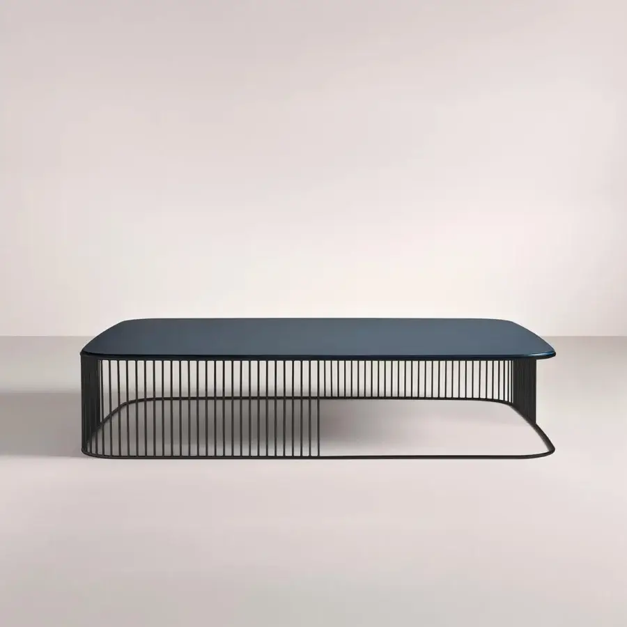 Superior Frag Comb coffee table in dark teal with a matte black metal open grid frame crafted in Italy