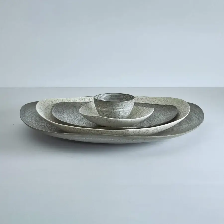 Exceptional Rina Menardi Coppe vase set crafted from baked clay with a muted gray heavily textured matte finish