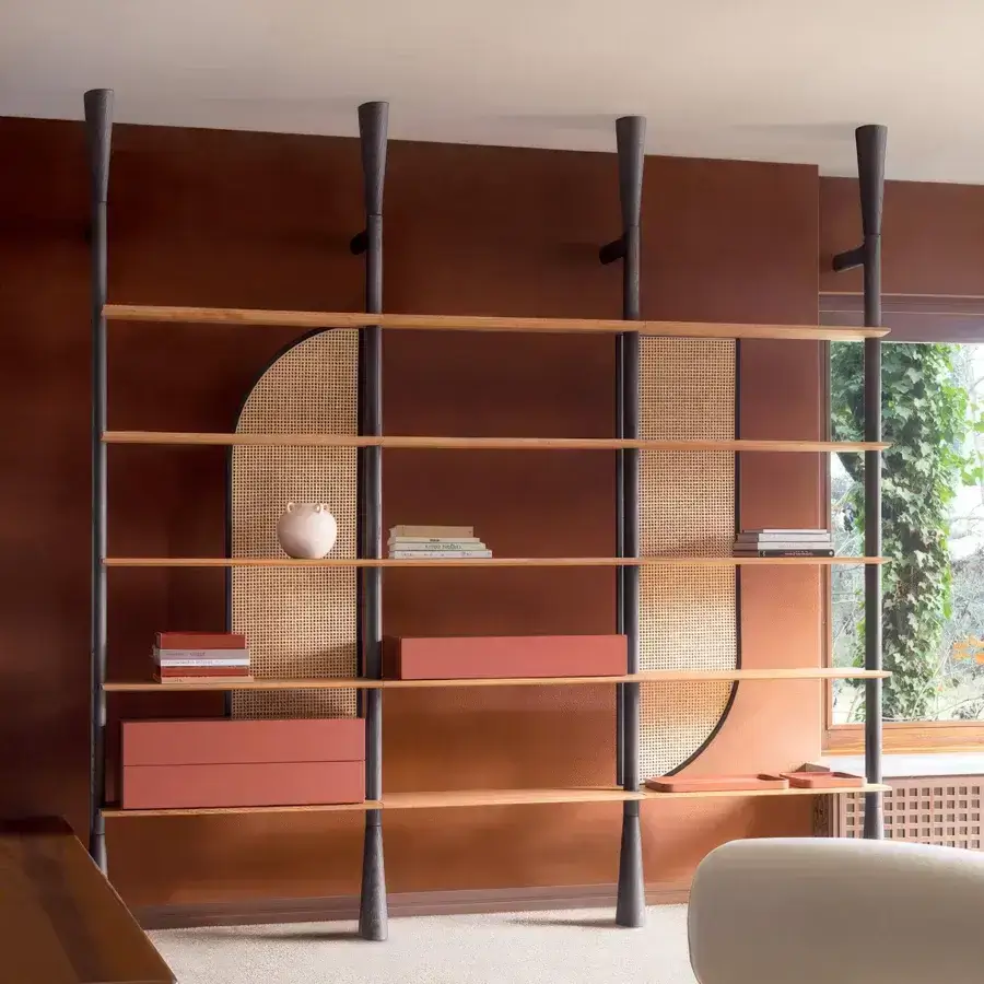 Distinguished Carpanese Home Paw bookcase crafted in ash wood with woven Vienna straw and terracotta boxes with a satin finish