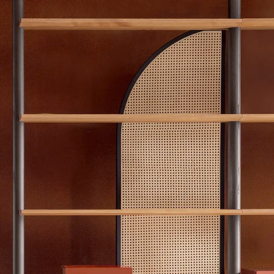 Superior Carpanese Home Paw bookcase built in ash wood with a silver-grey metal frame and light-brown woven panel