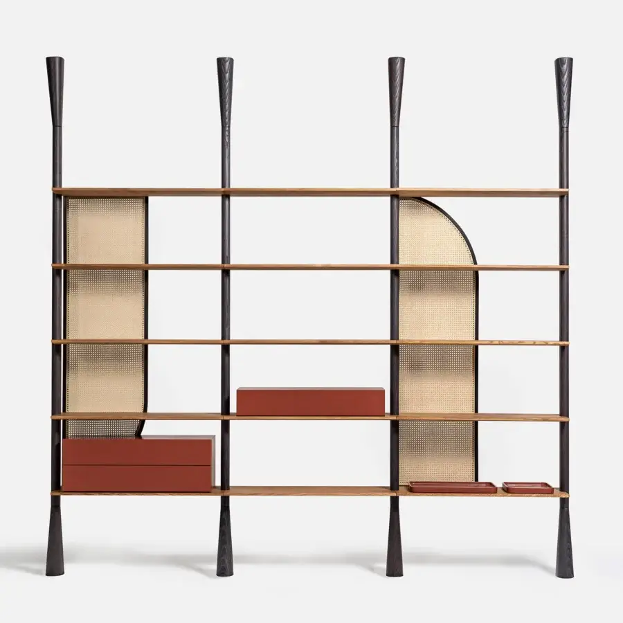 Elegant Carpanese Home Paw bookcase in ash wood with dark metal frame and warm brown finish