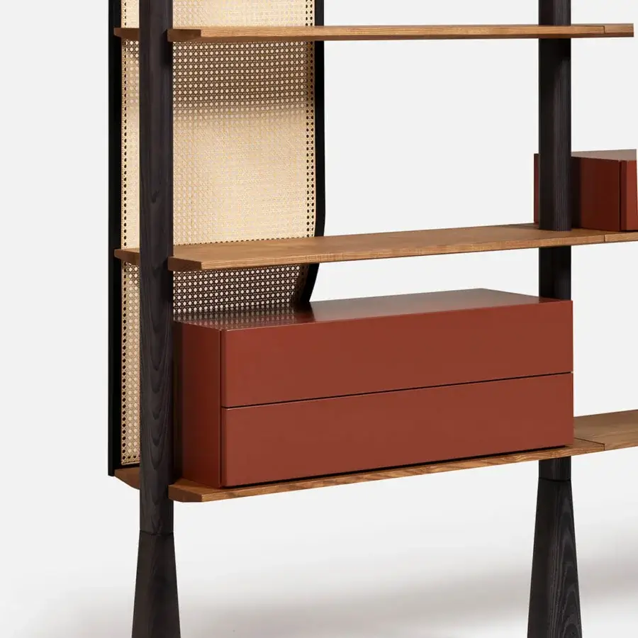 Distinguished Carpanese Home Paw bookcase crafted in ash wood with Vienna straw and reddish-brown drawer fronts