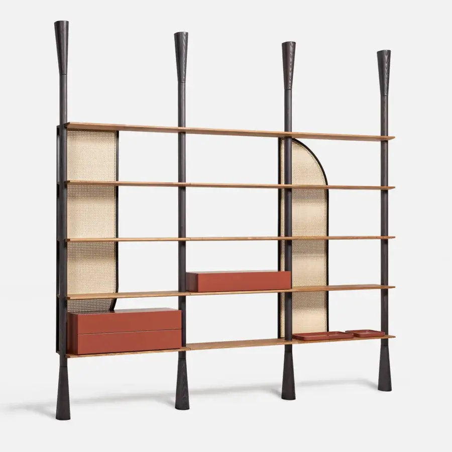 Elegant Carpanese Home Paw bookcase in ash wood with reddish-brown shelving and integrated rattan panels, satin finish