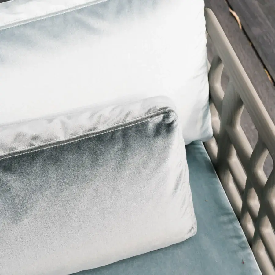 Distinguished Giorgetti Aldìa sofa with a pewter finish metal structure and natural tone reconstituted birch plywood, upholstered in gradient fabric cushions