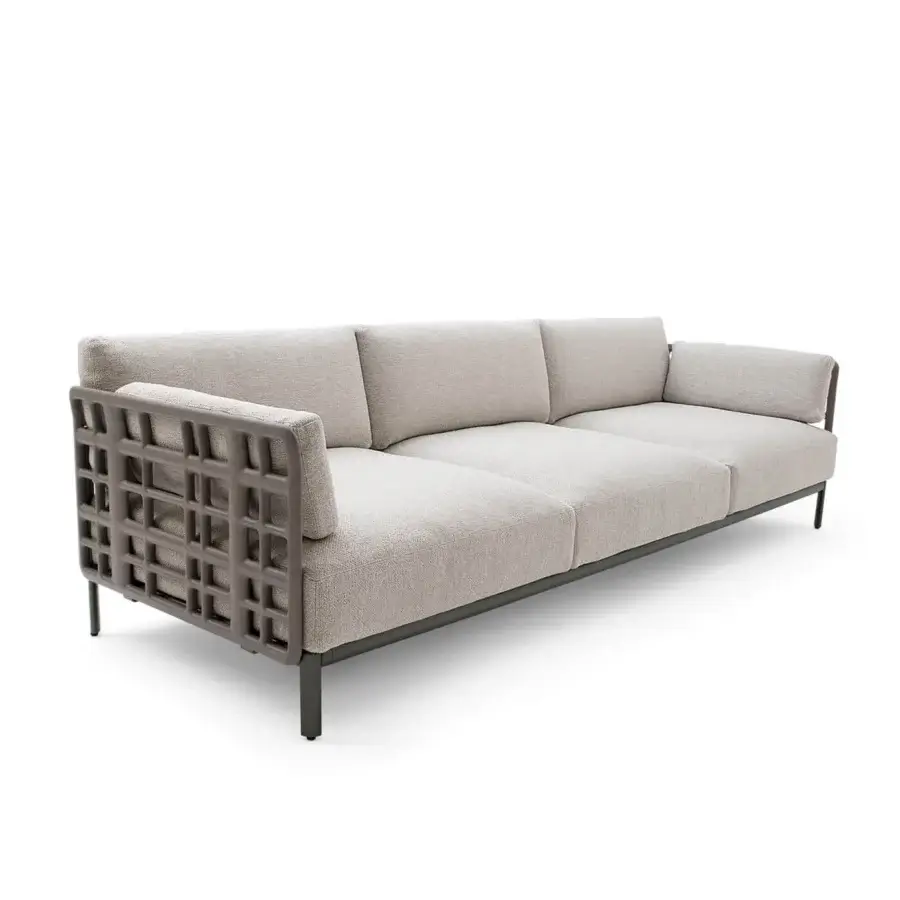 Elegant Giorgetti Aldìa sofa with a pewter finish metal frame and reconstituted birch plywood crafted in a natural tone with waterproof beige-gray cushions