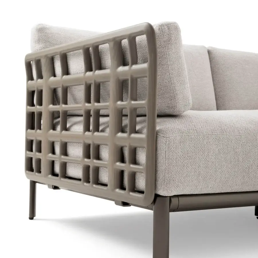 Superior Giorgetti Aldìa sofa with a pewter finish metal frame and warm gray fabric upholstery in a contemporary style