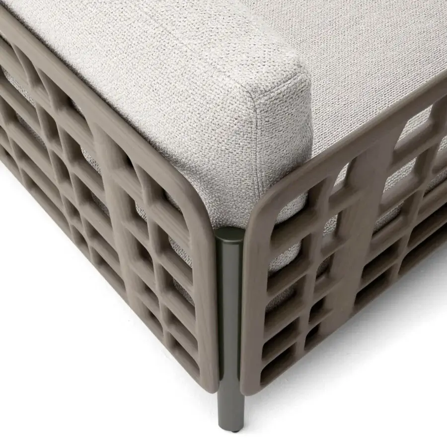 Distinguished Giorgetti Aldìa sofa with a pewter finished metal frame and natural reconstituted birch plywood, upholstered in waterproof gray fabric