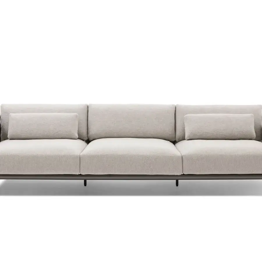 Elegant Giorgetti Aldìa sofa with a pewter finished metal structure and reconstituted birch plywood in a natural tone