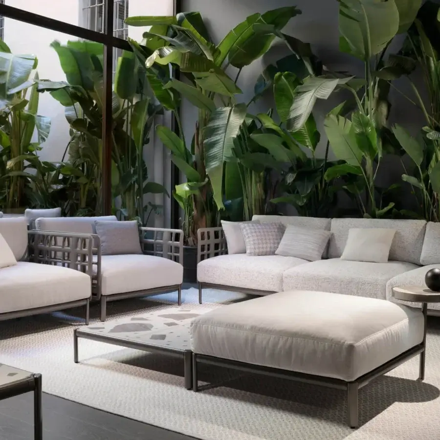 Superior Giorgetti Aldìa sofa with a pewter finished metal frame and light gray woven fabric upholstery