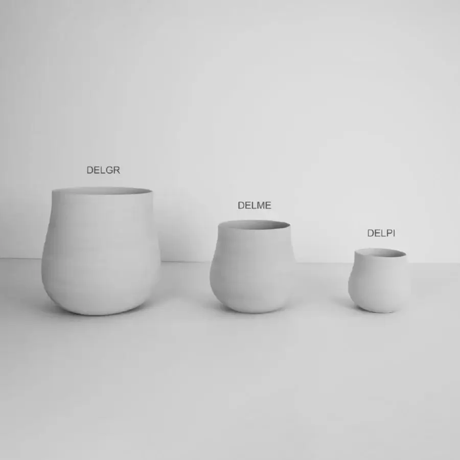 Superior Rina Menardi Delos vase crafted from baked clay with a matte finish and gently swelling rounded silhouette in light gray