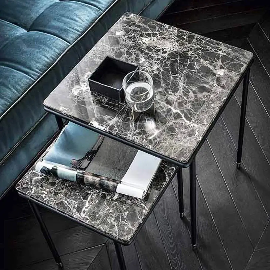 Elegant Frag Square coffee table crafted in Italy with a marble-like surface and sleek matte dark-toned metal frame and legs