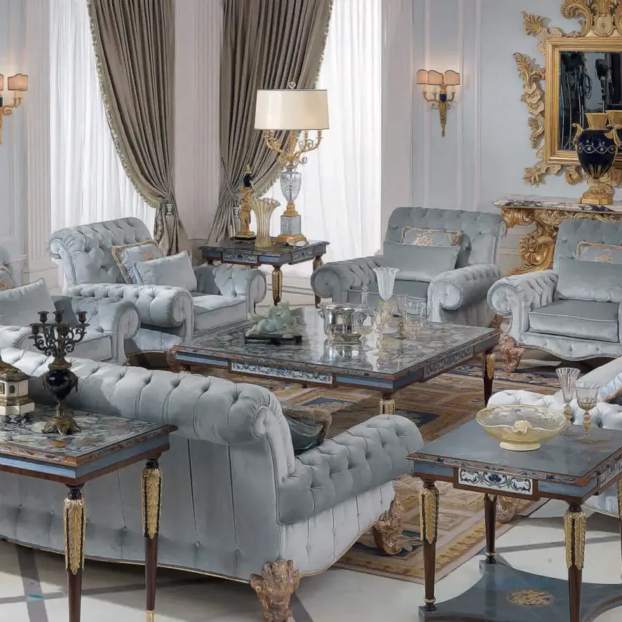 Distinguished Armando Rho A1232 sofa with elegantly curved silhouette, tufted backrest, and ornate glossy wood accents in muted gray textile