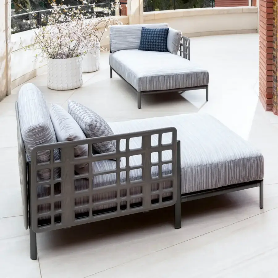 Elegant Giorgetti Aldìa chaise lounge with pewter painted metal and striped gray textile cushions in natural reconstituted birch plywood