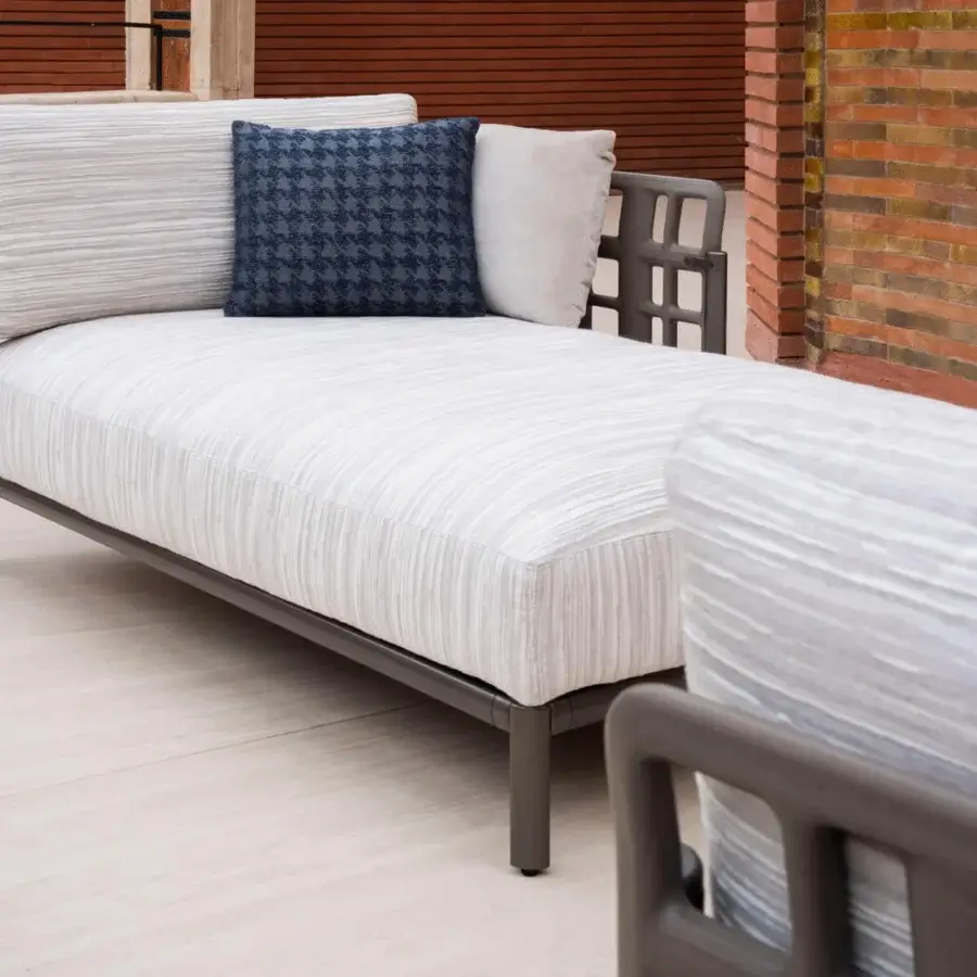 Lavish Giorgetti Aldìa chaise lounge with pewter painted metal, natural birch plywood and striped gray textile upholstery with coordinating cushions