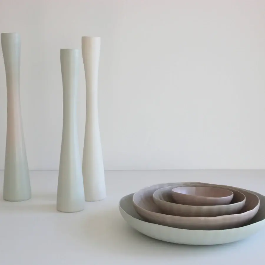 Distinguished Rina Menardi Fiori centerpiece crafted from baked clay vessels in pale grey and off-white with a satin finish