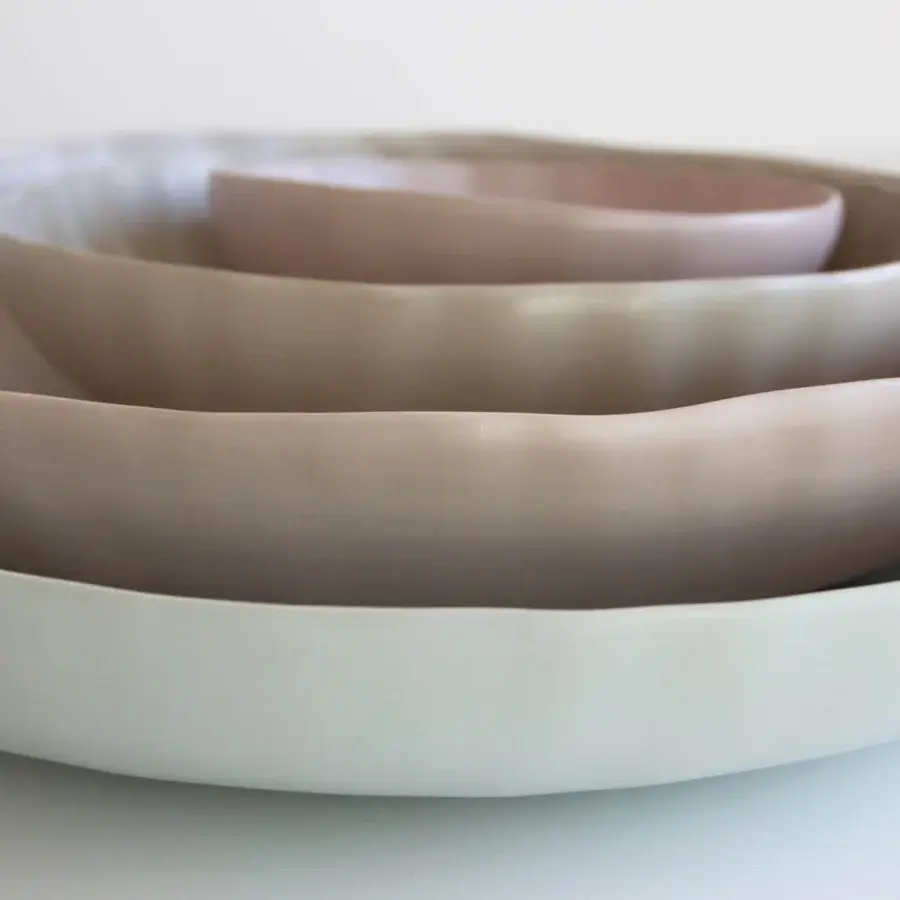 Exceptional Rina Menardi Fiori centerpiece crafted in baked clay with a satin finish and delicate blush to pale cream gradient hues