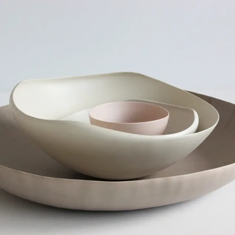 Superior Rina Menardi Fiori centerpiece crafted in baked clay with blush pink to warm grey-brown gradients for decorative display
