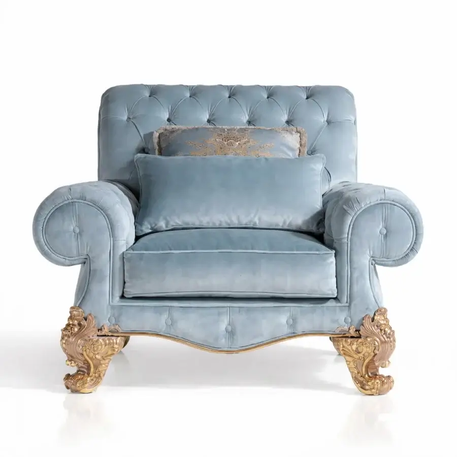Distinguished Armando Rho A1233 lounge chair with muted blue textile and glossy gold-finished ornate wood frame