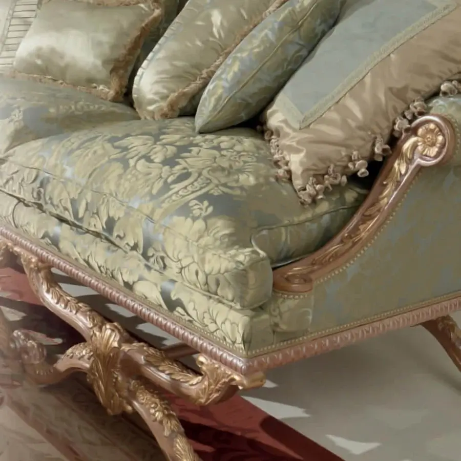 Distinguished Armando Rho A1234 & A1235 sofa with natural oak frame enriched with delicate gold leaf and patterned sage green textile upholstery