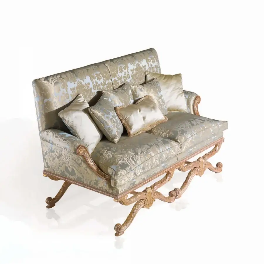 Distinguished Armando Rho A1234 & A1235 sofa with a natural oak frame enriched with delicate gold leaf accents and muted teal patterned textile upholstery