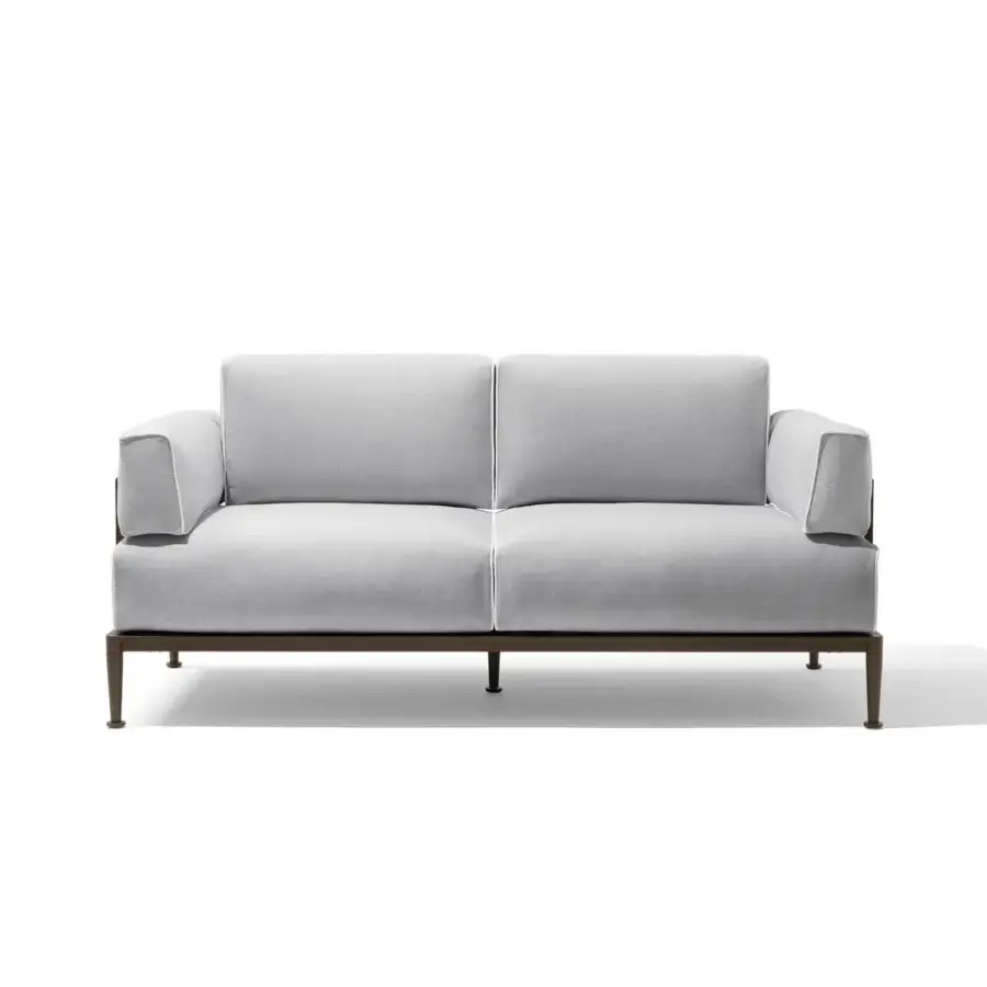 Exceptional Giorgetti Gea sofa with a carob powder-coated aluminum frame and light gray waterproof outdoor technical fabric upholstery