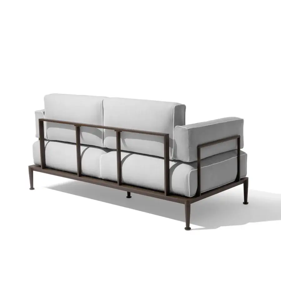 Lavish Giorgetti Gea sofa crafted with a carob powder-coated aluminum frame and light gray waterproof outdoor technical fabric