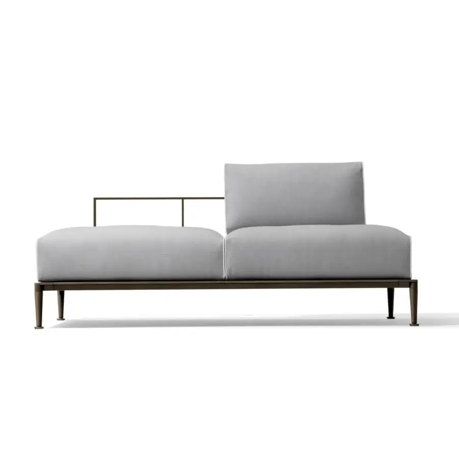 Superior Giorgetti Gea sofa with a carob powder-coated aluminum frame and light gray waterproof outdoor technical fabric upholstery