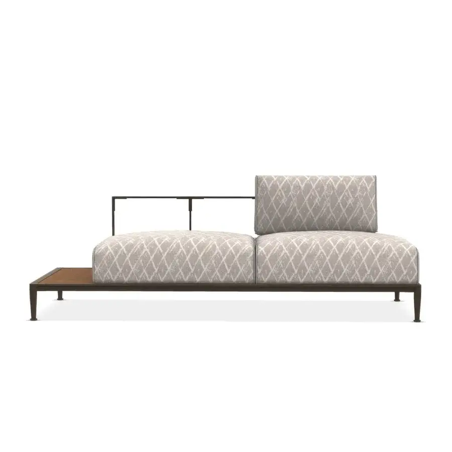 Lavish Giorgetti Gea sofa with a carob powder-coated aluminum frame and textured neutral beige textile upholstery