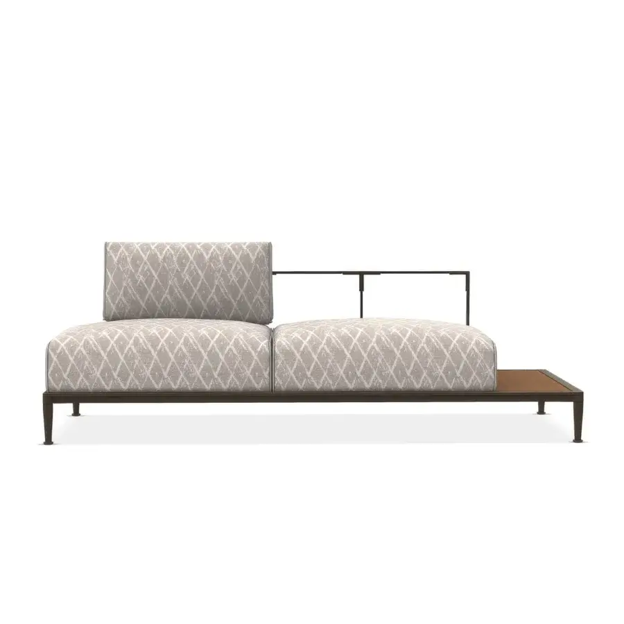 Superior Giorgetti Gea sofa with a carob powder-coated aluminum frame and beige geometric weave upholstery including a brown wooden slat extension