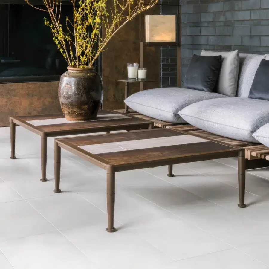 Sophisticated Giorgetti Gea coffee table with carob powder-coated aluminum and Stone Oak tabletop inlaid with lighter-toned wood strips