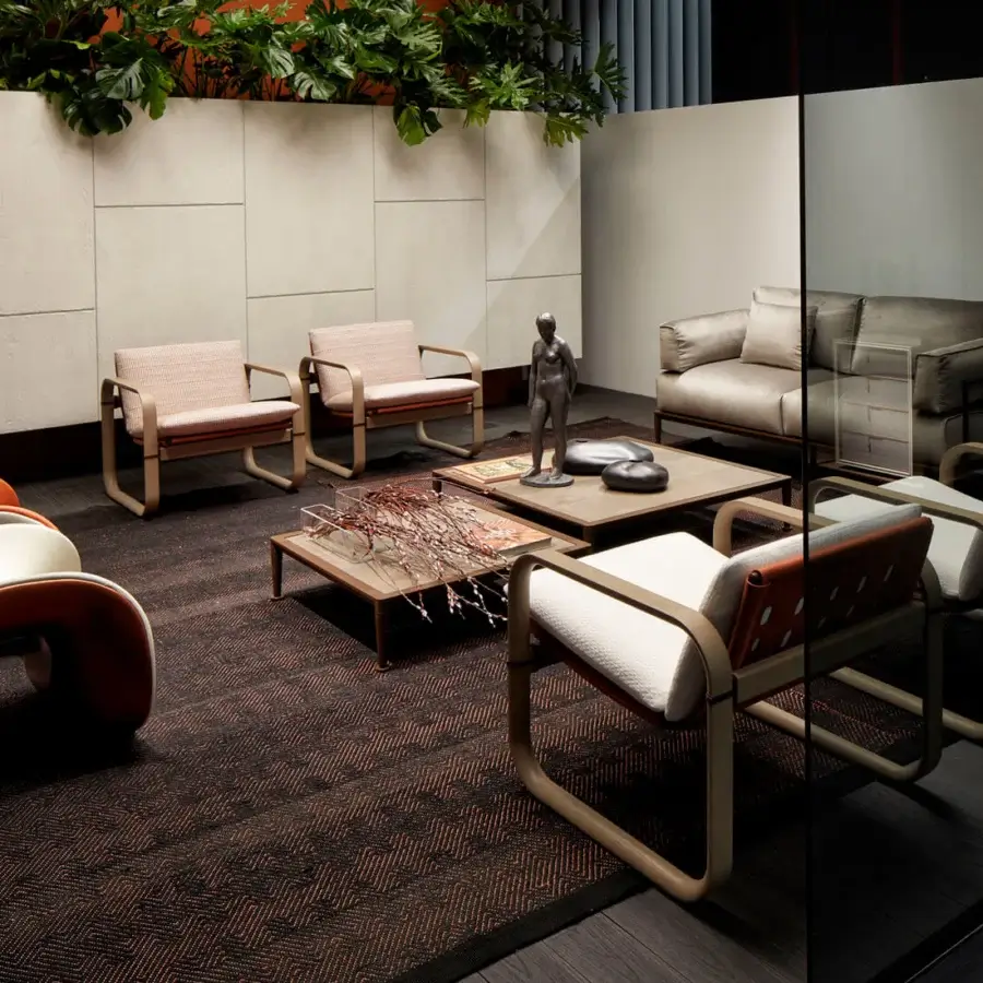 Exceptional Giorgetti Gea coffee table with carob powder-coated aluminum and Stone Oak tabletop in a matte finish