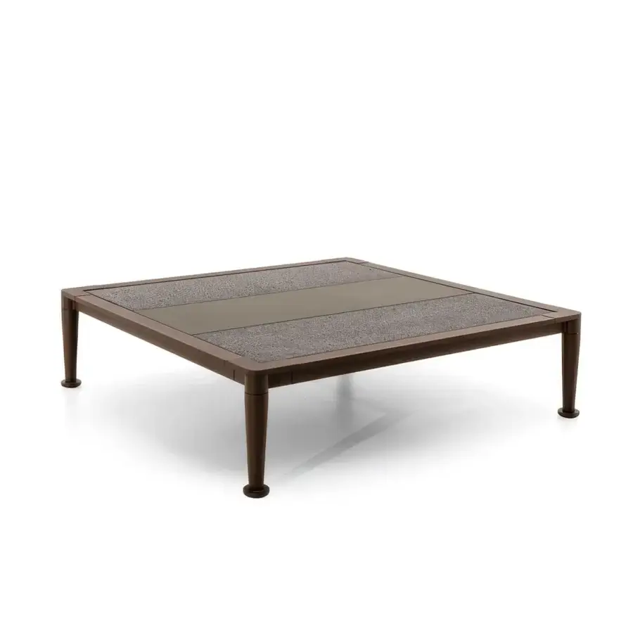 Refined Giorgetti Gea coffee table with carob powder-coated aluminum and textured Afrormosia with a glass insert
