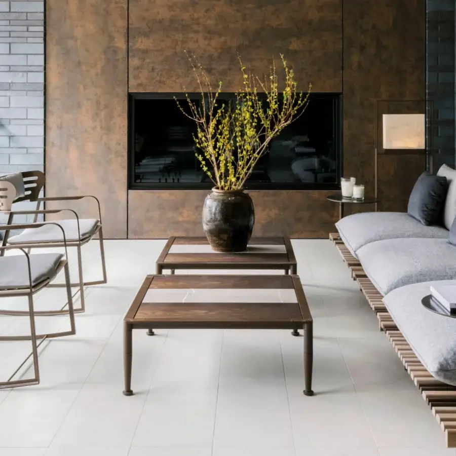 Superior Giorgetti Gea coffee table with carob powder-coated aluminum and Stone Oak wood tabletop in satin finish