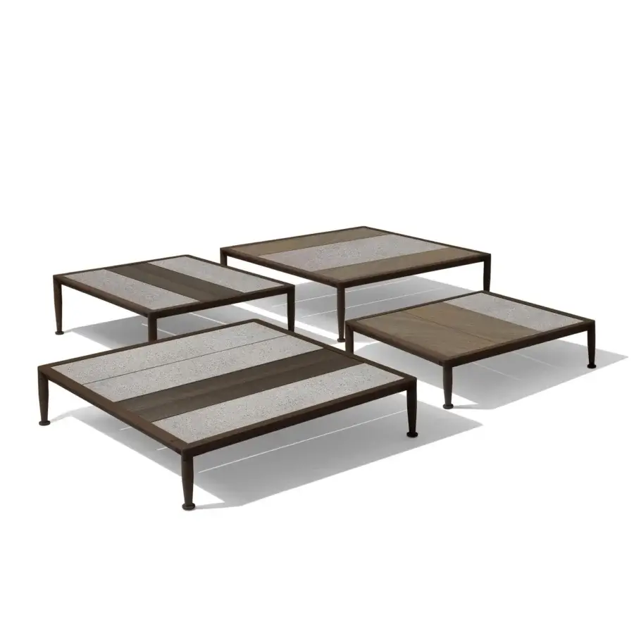 Refined Giorgetti Gea coffee table with carob powder-coated aluminum and Stone Oak with inlaid textured Etna lava stone