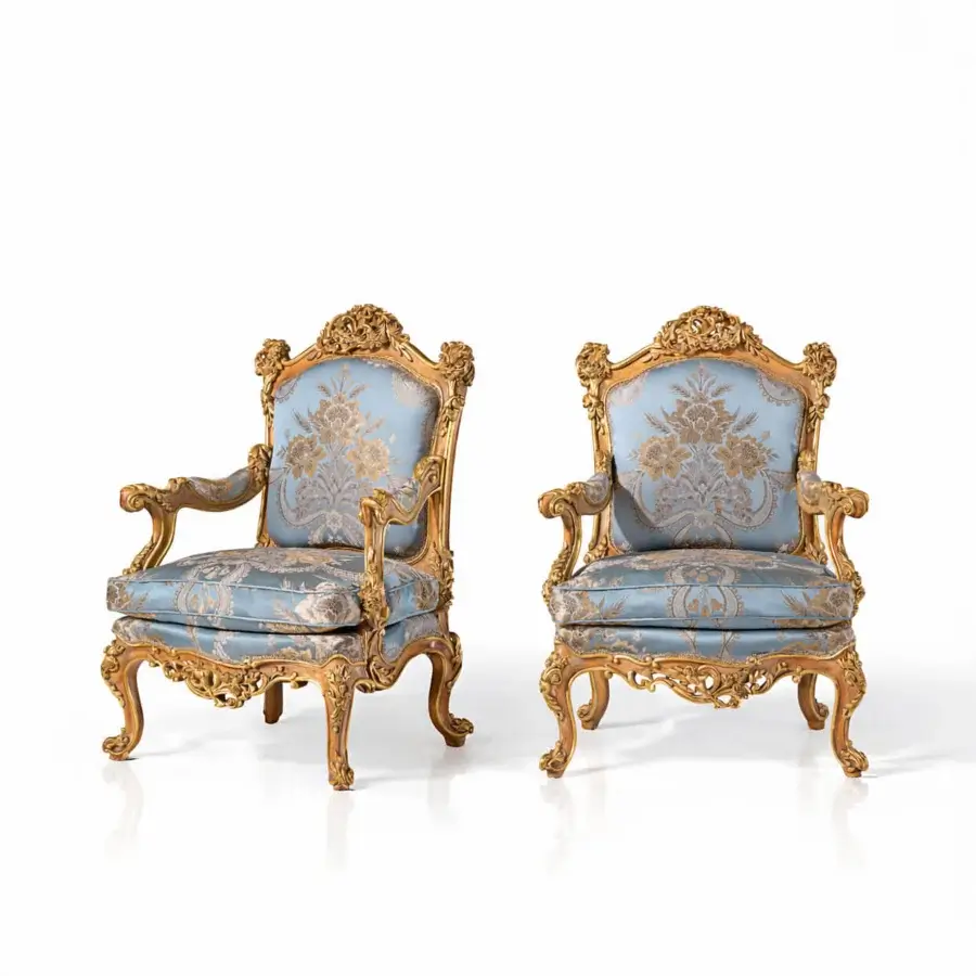 Exquisite Armando Rho A1226 lounge chair with light blue floral textile and luminous gold leaf accents