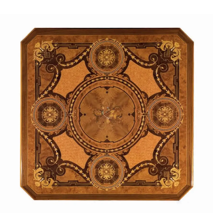 Lavish Armando Rho A1210 coffee table crafted in crotch walnut and bois de rose with gold leaf finish and floral marquetry