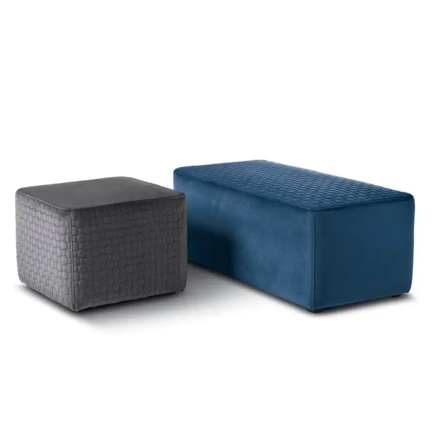 Distinguished CTS Salotti Poker ottoman with deep teal blue woven textile surface and sophisticated matte finish