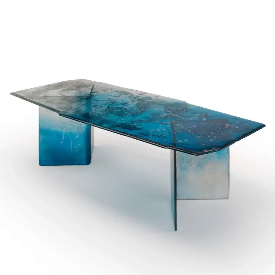 Exceptional Arte Veneziana Bisato table crafted from baked glass with blue to crystal gradient varnish and silvering