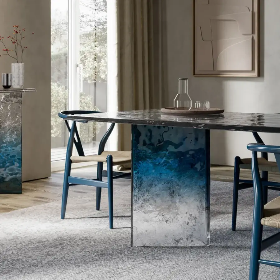 Exceptional Arte Veneziana Bisato table built with baked glass, gradient varnish transitioning from deep blue to crystal transparency with silvering