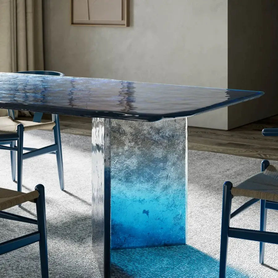 Luxury Arte Veneziana Bisato table built with baked glass, gradient varnish transitioning from deep blue to crystal transparency with partial silvering