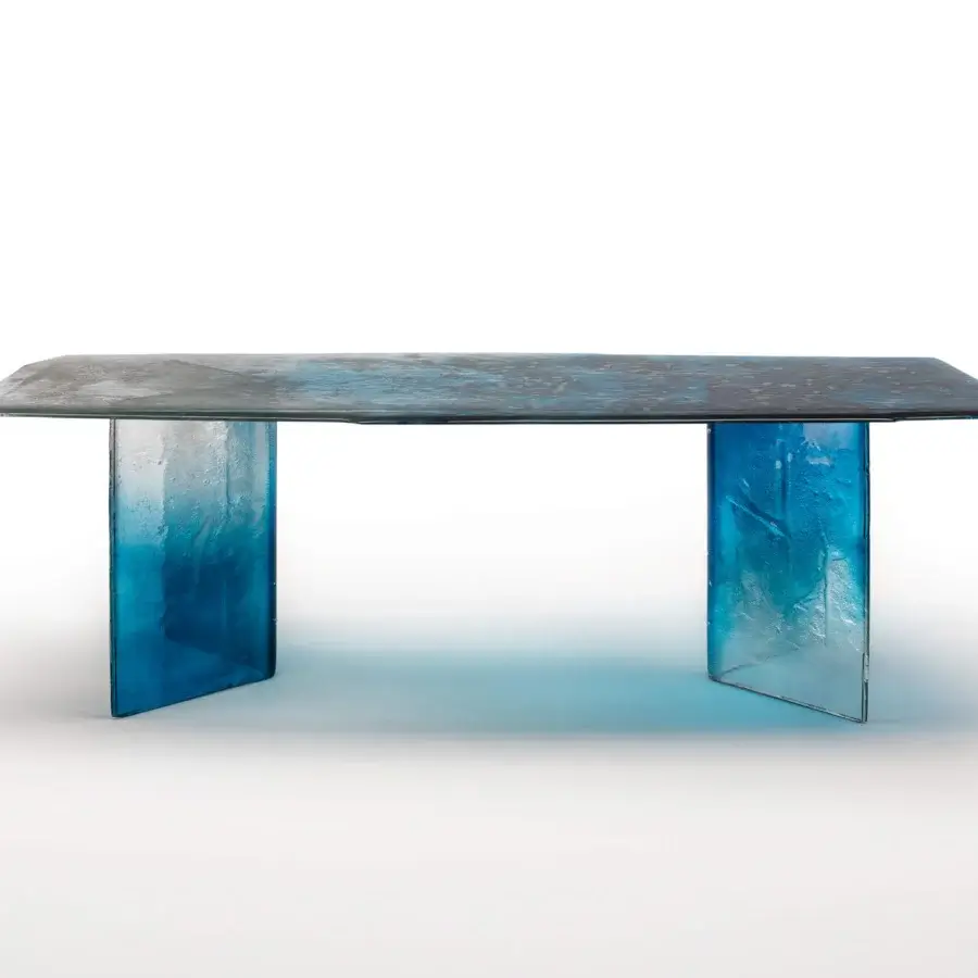 Superior Arte Veneziana Bisato table crafted from two layers of baked glass with blue to crystal gradient varnish and partial silvering