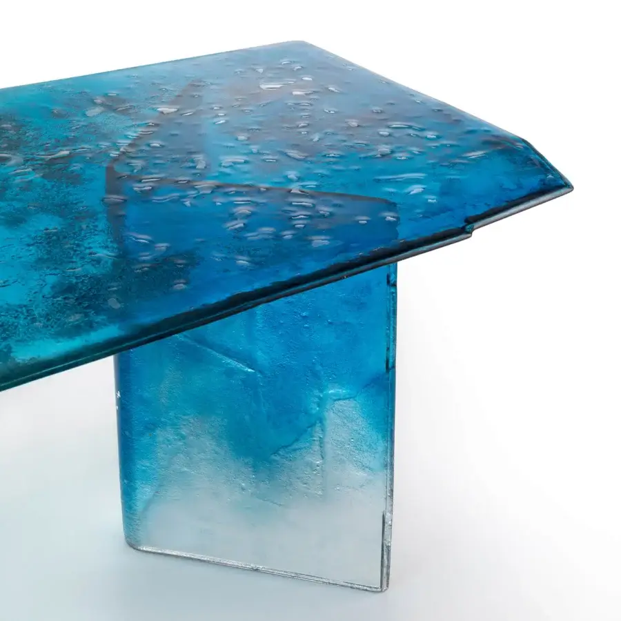 Distinguished Arte Veneziana Bisato table built with baked glass, gradient varnish transitioning from deep blue to crystal transparency with silvering