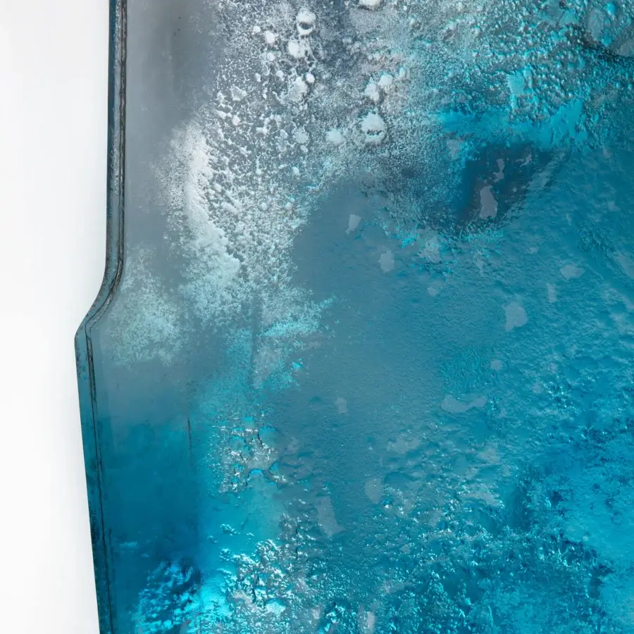 Exceptional Arte Veneziana Bisato table crafted with baked glass, gradient varnish transitioning from deep blue to crystal transparency with silvering