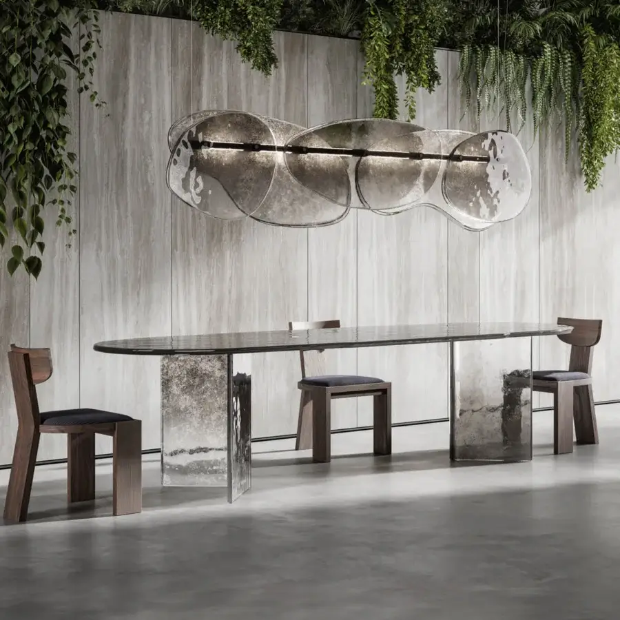 Distinctive Arte Veneziana Bisatello table with baked glass surface and silvered degradé finish transitioning from lead grey to crystal transparency