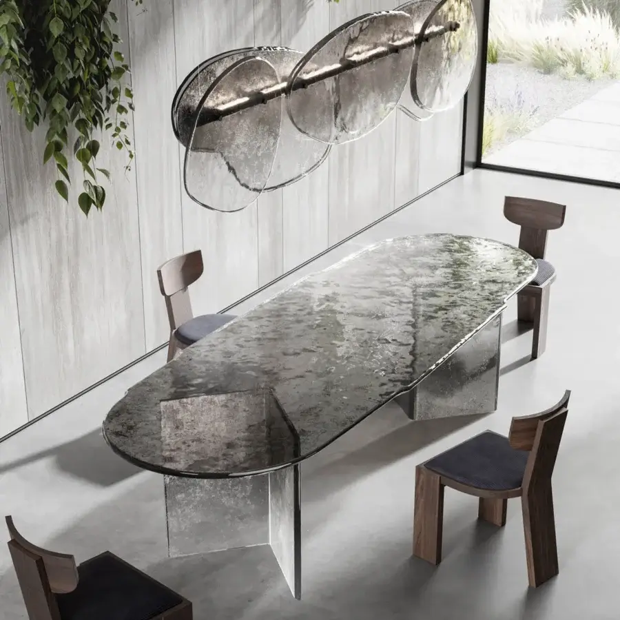 Luxury Arte Veneziana Bisatello table crafted with layered baked glass exhibiting lead grey to crystal degradé and partial silvering