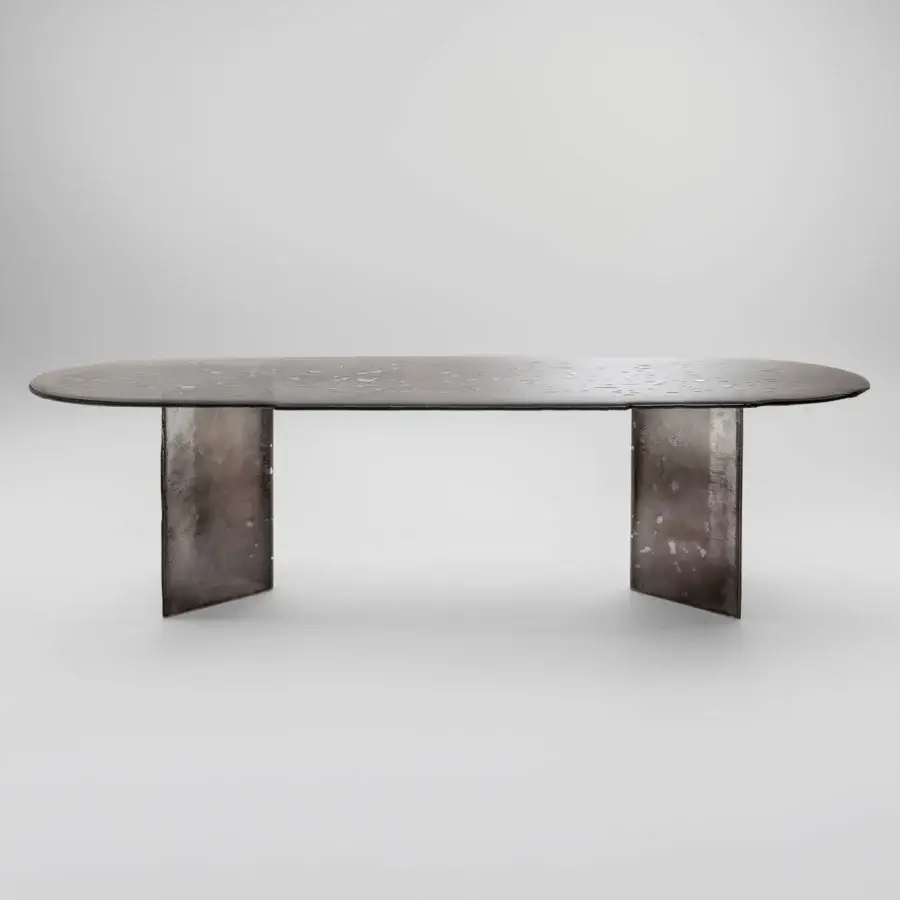 Distinguished Arte Veneziana Bisatello table crafted with baked glass exhibiting a lead grey to crystal degradé finish and partial silvering