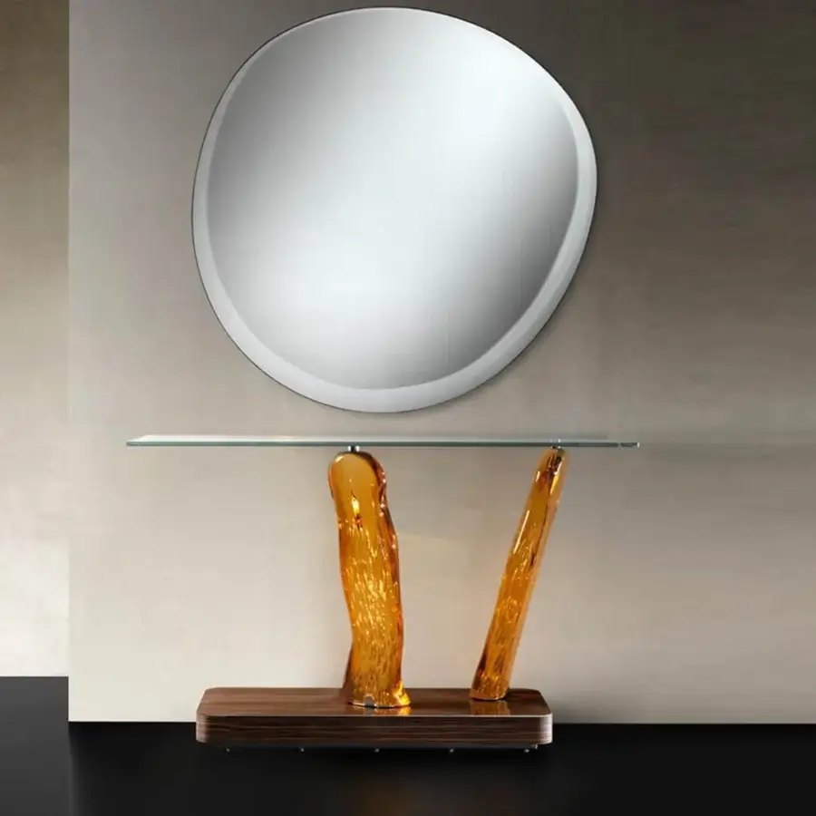 Superior Reflex Sassi console with transparent extra-clear glass and shiny Ebony lacquered wood plinth built with Amber Murano glass legs