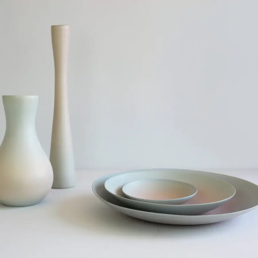 Superior Rina Menardi Lepos vase crafted in pale grey-green ceramic with a subtle tonal matte finish