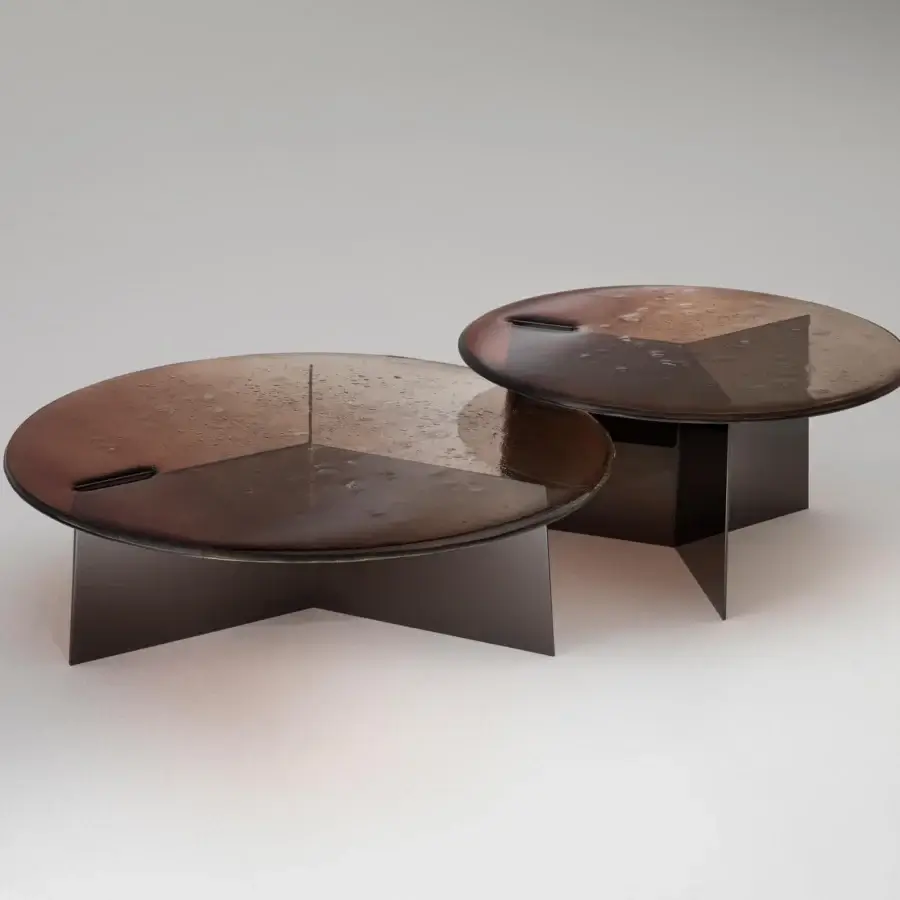 Superior Arte Veneziana Marantego coffee table with irregular baked glass displaying bronze to crystal degradé and polished nickel iron structure